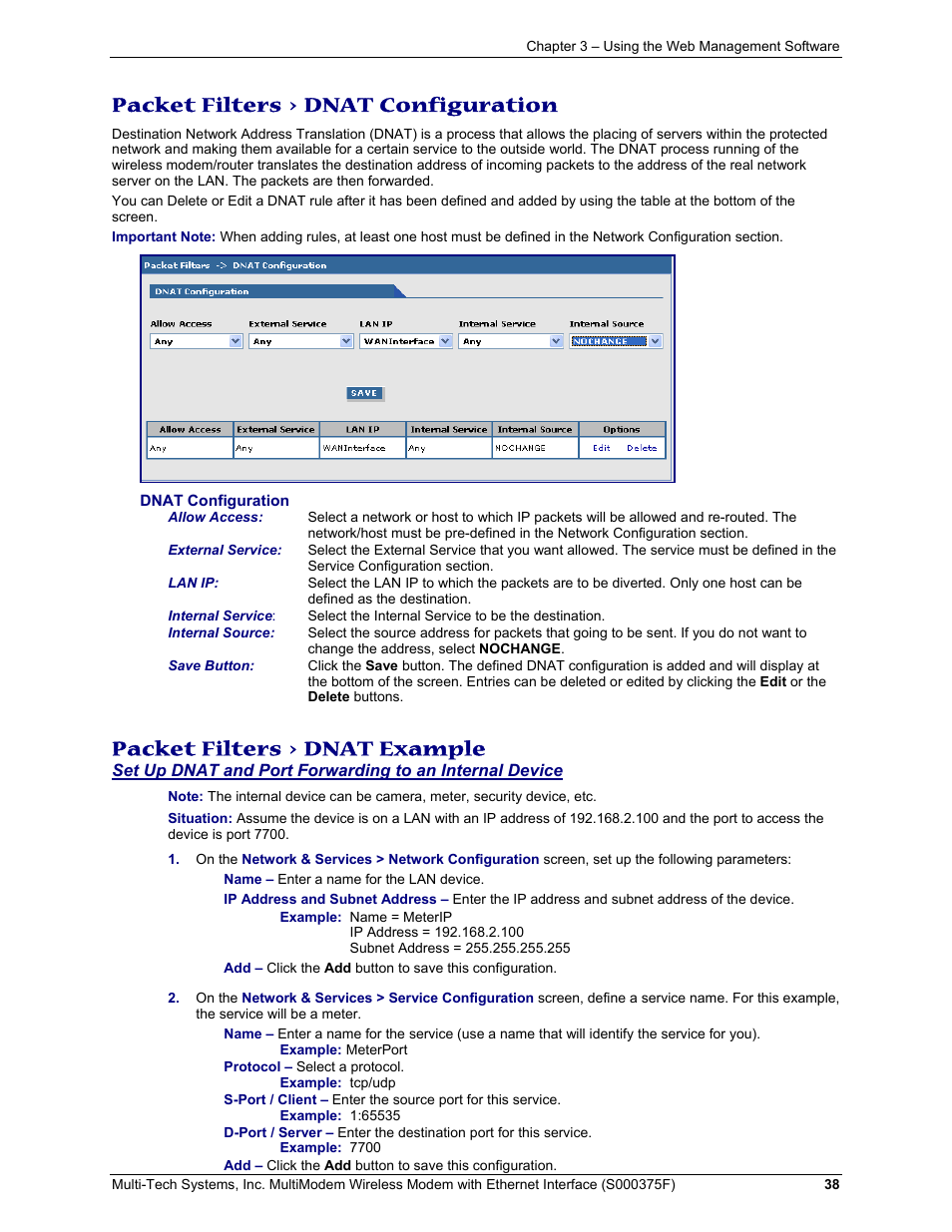 Packet filters > dnat configuration, Packet filters > dnat example | Multi-Tech Systems MULTIMODEM MTCBA-C-EN-NX User Manual | Page 38 / 58