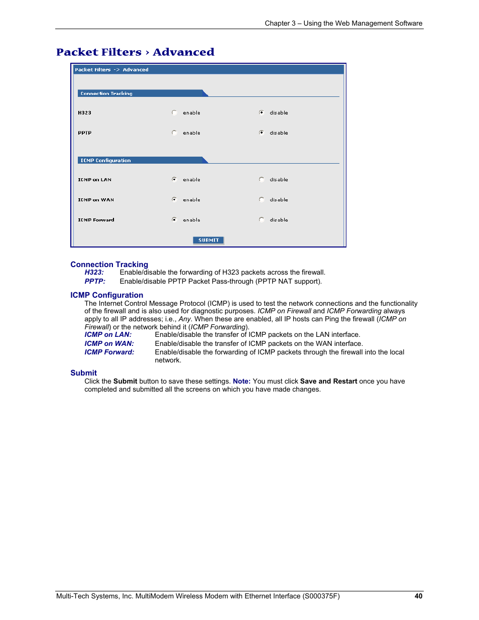Packet filters > advanced | Multi-Tech Systems MULTIMODEM MTCBA-C-EN-NX User Manual | Page 40 / 58