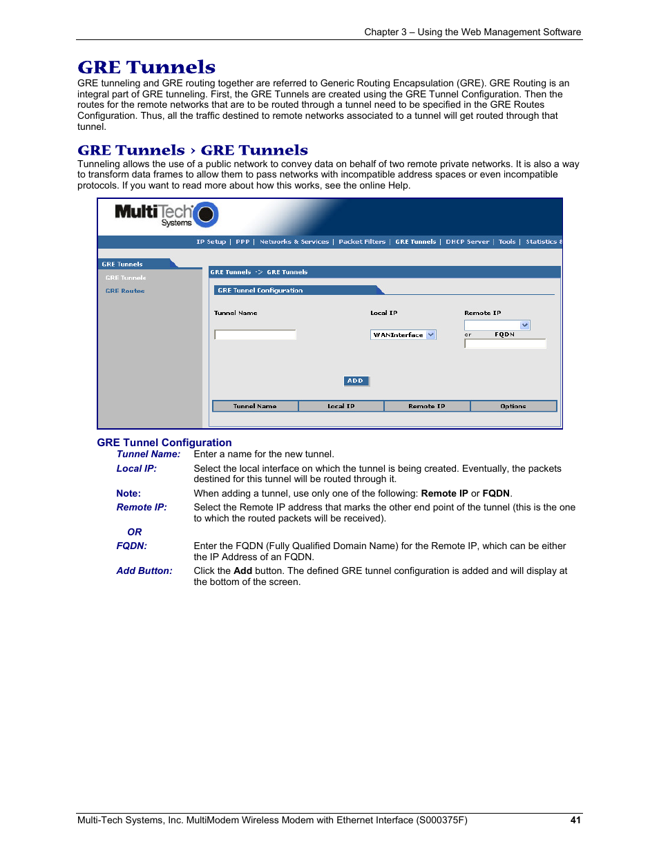 Gre tunnels > gre tunnels, Gre tunnels | Multi-Tech Systems MULTIMODEM MTCBA-C-EN-NX User Manual | Page 41 / 58