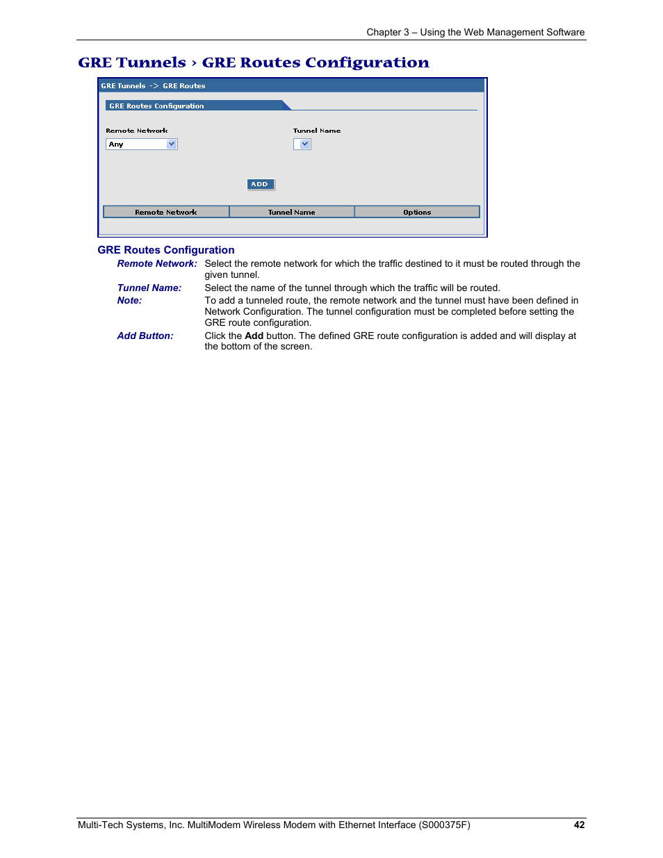Gre tunnels > gre routes configuration | Multi-Tech Systems MULTIMODEM MTCBA-C-EN-NX User Manual | Page 42 / 58