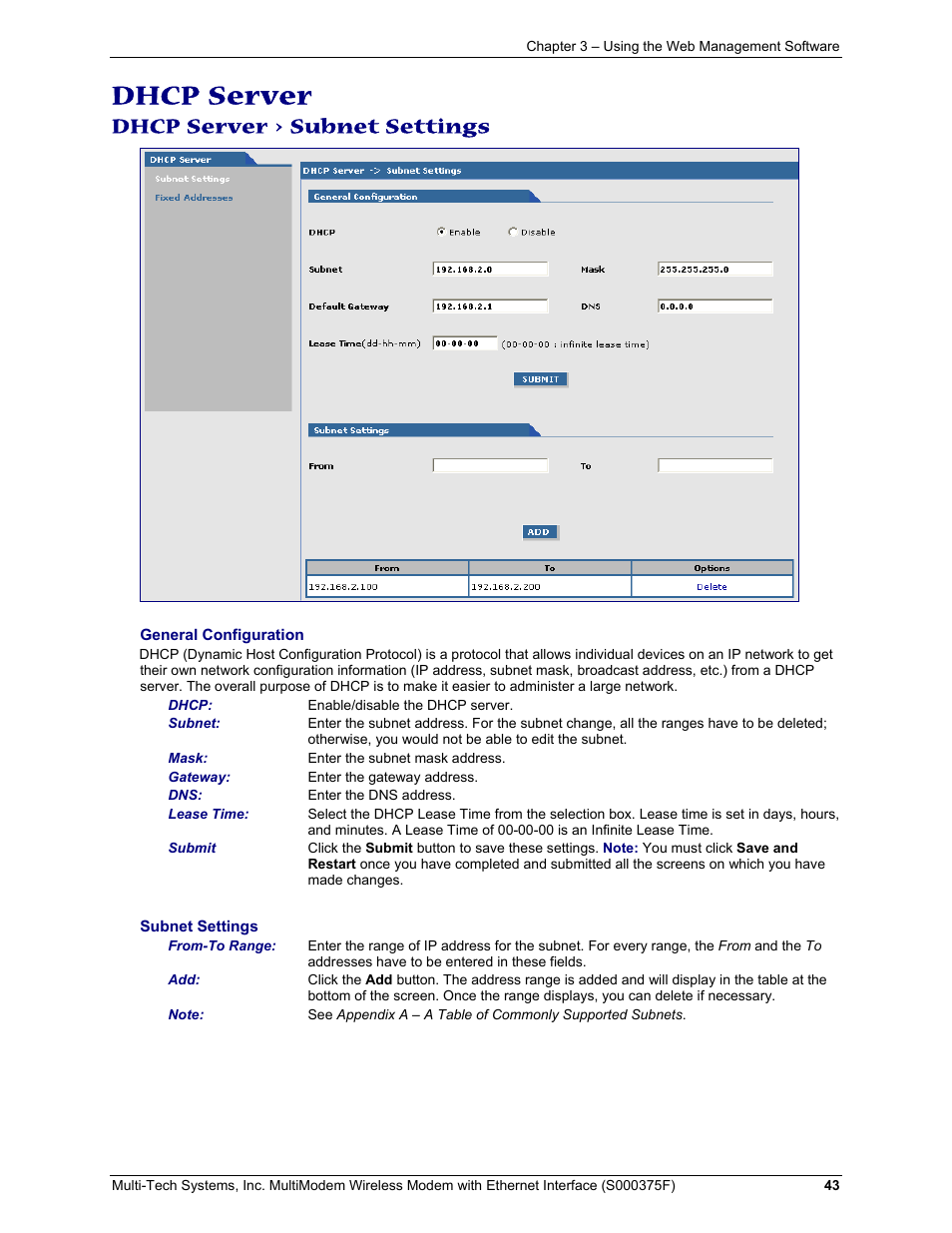Dhcp server > subnet settings, Dhcp server | Multi-Tech Systems MULTIMODEM MTCBA-C-EN-NX User Manual | Page 43 / 58