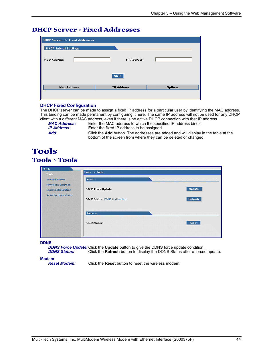 Dhcp server > fixed addresses, Tools > tools, Tools | Multi-Tech Systems MULTIMODEM MTCBA-C-EN-NX User Manual | Page 44 / 58