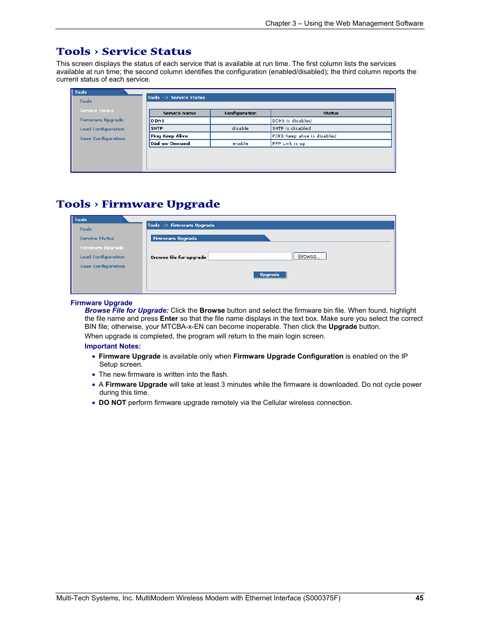 Tools > service status, Tools > firmware upgrade | Multi-Tech Systems MULTIMODEM MTCBA-C-EN-NX User Manual | Page 45 / 58