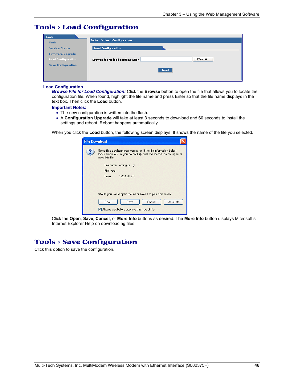 Tools > load configuration, Tools > save configuration | Multi-Tech Systems MULTIMODEM MTCBA-C-EN-NX User Manual | Page 46 / 58