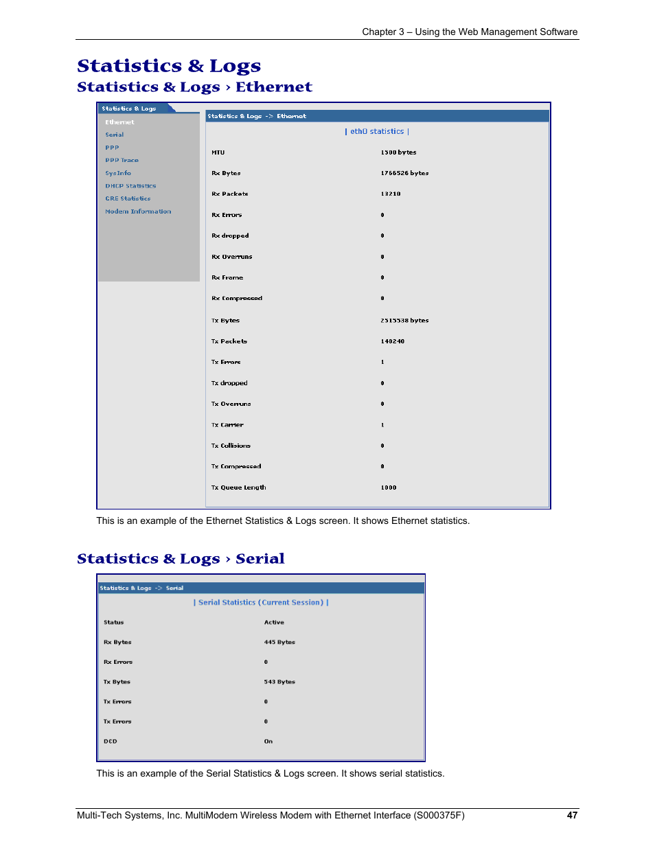 Statistics & logs > ethernet, Statistics & logs > serial, Statistics & logs | Multi-Tech Systems MULTIMODEM MTCBA-C-EN-NX User Manual | Page 47 / 58