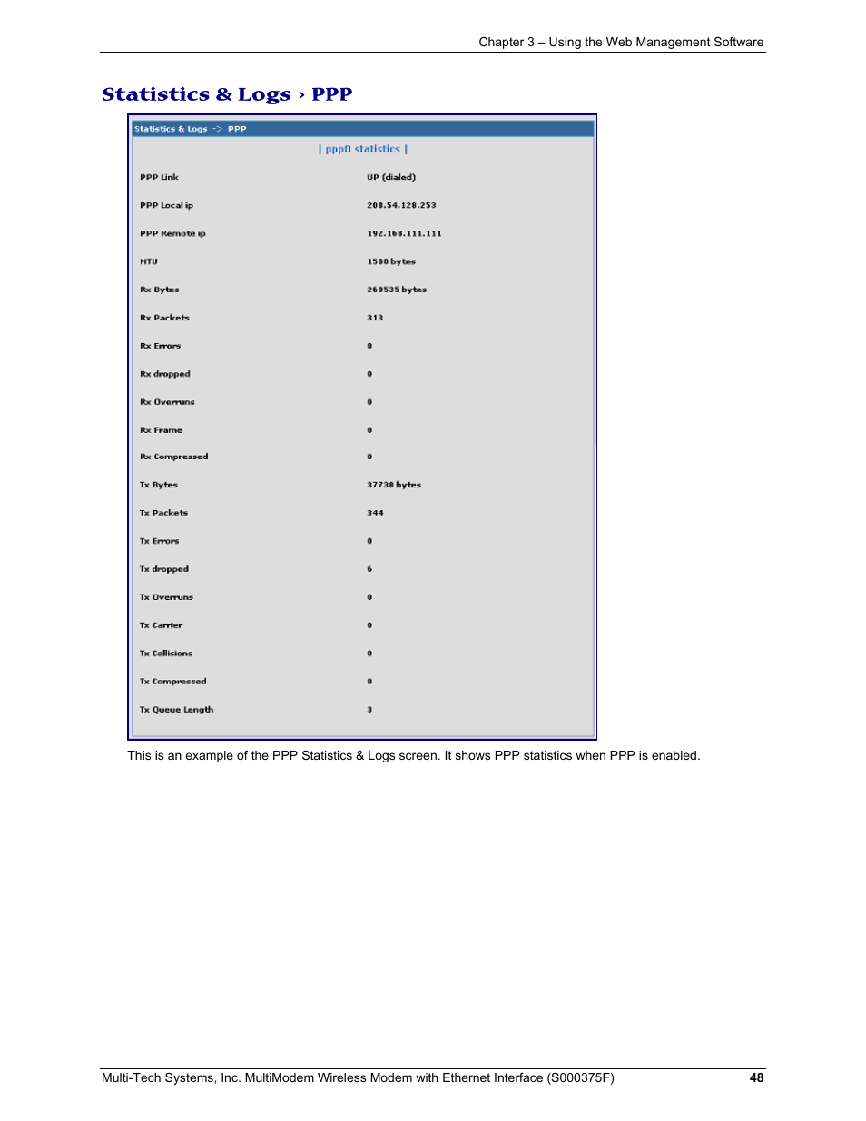 Statistics & logs > ppp | Multi-Tech Systems MULTIMODEM MTCBA-C-EN-NX User Manual | Page 48 / 58