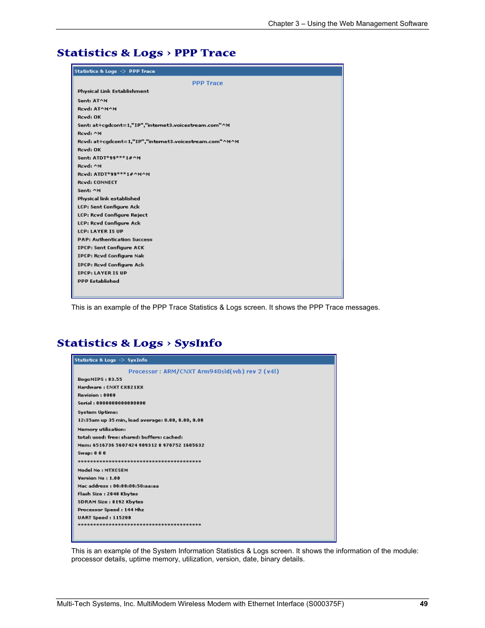 Statistics & logs > ppp trace, Statistics & logs > sysinfo | Multi-Tech Systems MULTIMODEM MTCBA-C-EN-NX User Manual | Page 49 / 58