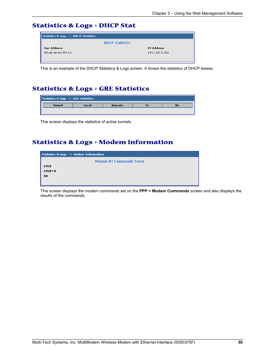 Statistics & logs > dhcp stat, Statistics & logs > gre statistics, Statistics & logs > modem information | Multi-Tech Systems MULTIMODEM MTCBA-C-EN-NX User Manual | Page 50 / 58