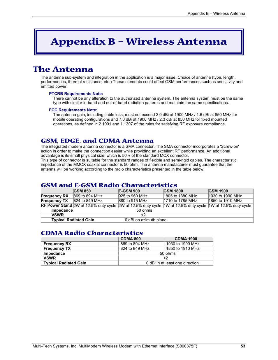 Gsm, edge, and cdma antenna, Gsm and e-gsm radio characteristics, Cdma radio characteristics | Appendix b – wireless antenna, The antenna | Multi-Tech Systems MULTIMODEM MTCBA-C-EN-NX User Manual | Page 53 / 58