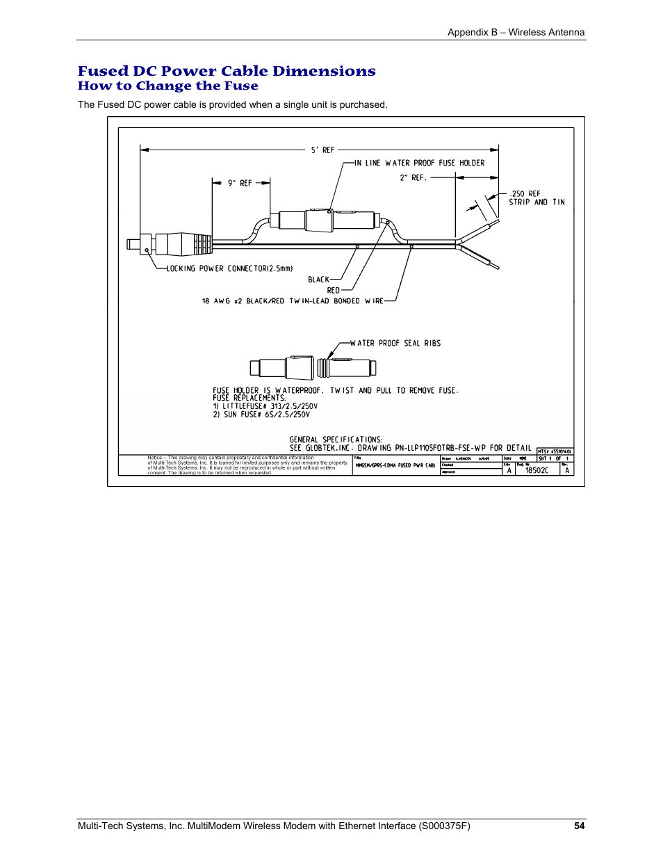 Fused dc power cable dimensions, How to change the fuse | Multi-Tech Systems MULTIMODEM MTCBA-C-EN-NX User Manual | Page 54 / 58