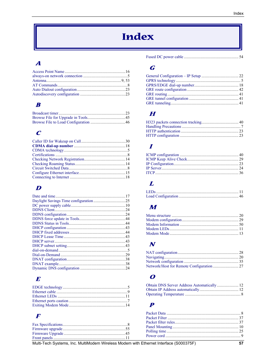 Index | Multi-Tech Systems MULTIMODEM MTCBA-C-EN-NX User Manual | Page 57 / 58