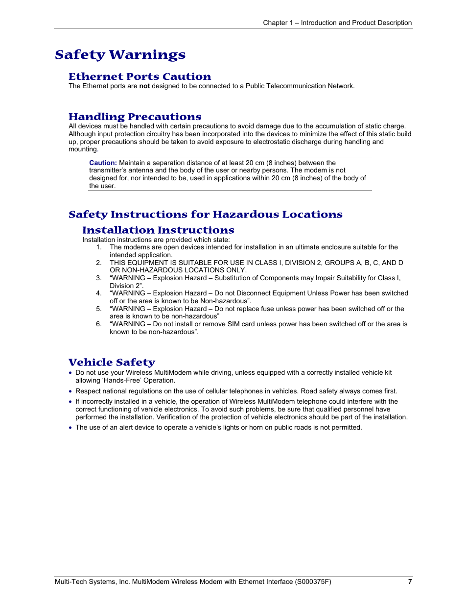Ethernet ports caution, Handling precautions, Safety instructions for hazardous locations | Installation instructions, Vehicle safety, Safety warnings | Multi-Tech Systems MULTIMODEM MTCBA-C-EN-NX User Manual | Page 7 / 58