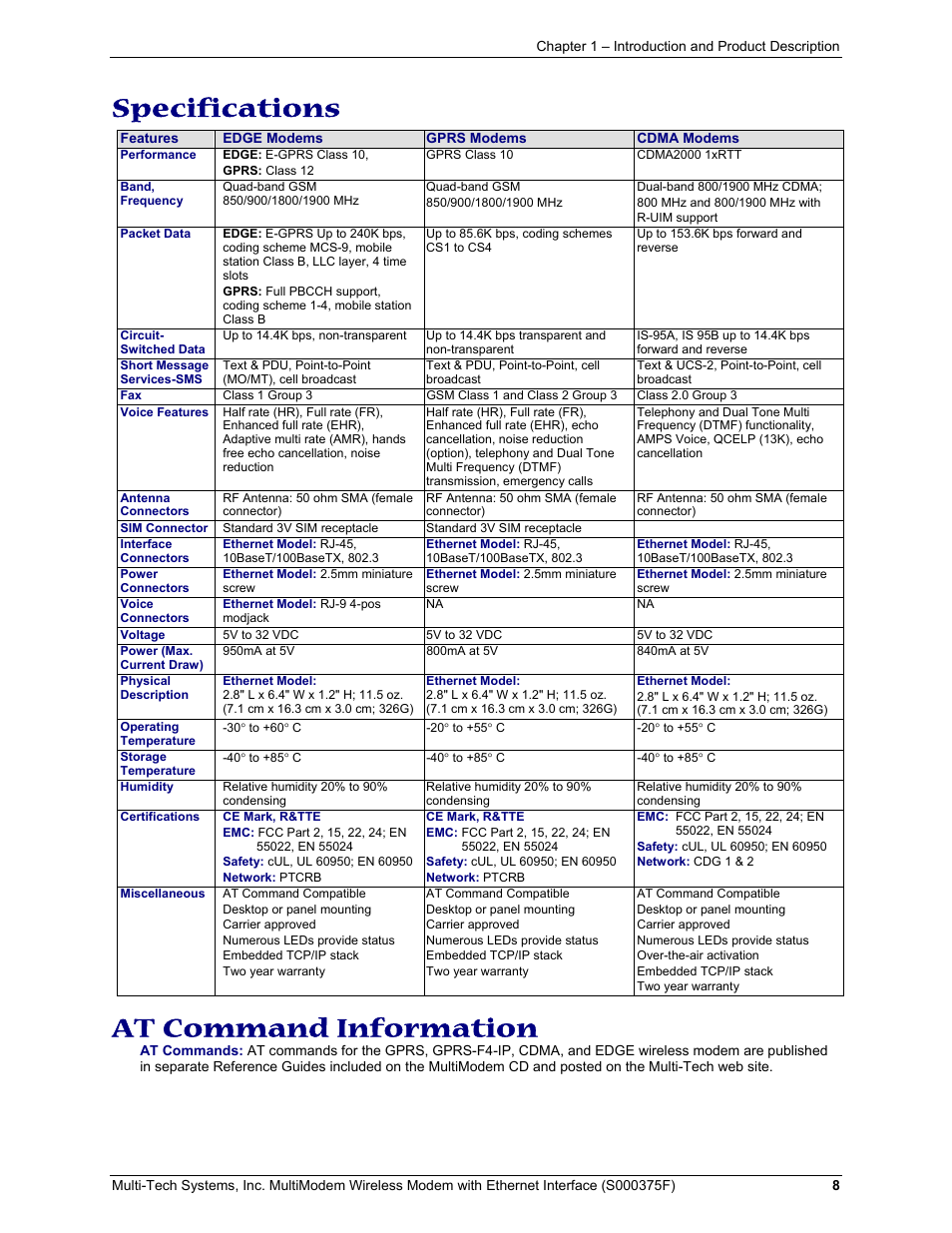 Specifications, At command information | Multi-Tech Systems MULTIMODEM MTCBA-C-EN-NX User Manual | Page 8 / 58