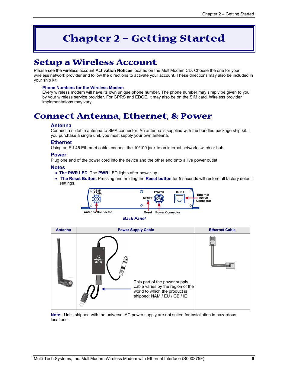 Chapter 2 – getting started, Setup a wireless account, Connect antenna, ethernet, & power | Multi-Tech Systems MULTIMODEM MTCBA-C-EN-NX User Manual | Page 9 / 58