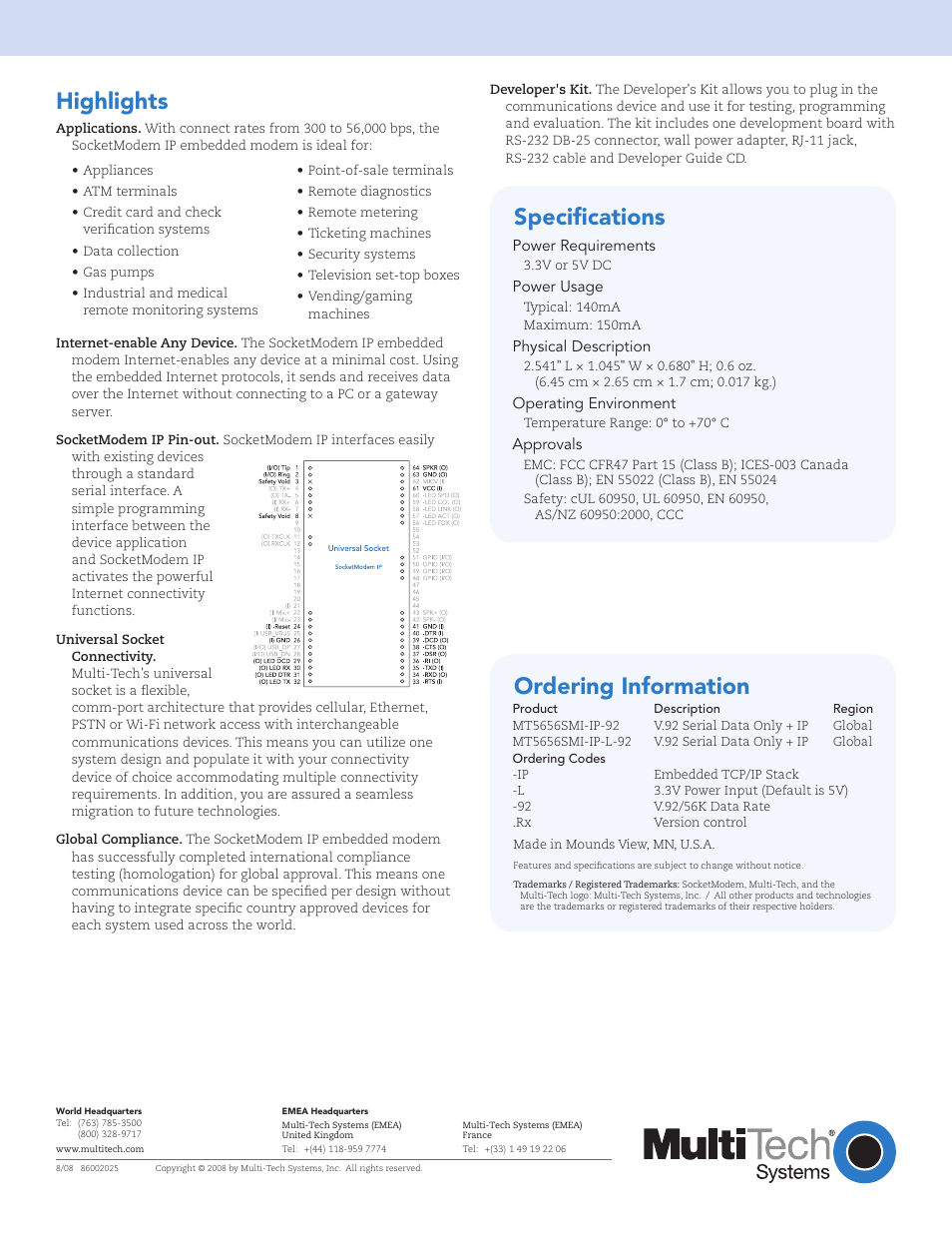 Highlights, Ordering information, Specifications | Multi-Tech Systems SocketModem IP FCCCFR47 User Manual | Page 2 / 2