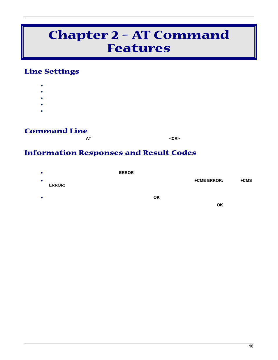 Chapter 2 – at command features, Line settings, Command line | Information responses and result codes | Multi-Tech Systems MMCModem GPRS (MTMMC-G) User Manual | Page 10 / 203