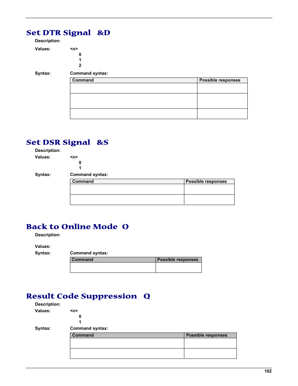 Set dtr signal &d, Set dsr signal &s, Back to online mode o | Result code suppression q | Multi-Tech Systems MMCModem GPRS (MTMMC-G) User Manual | Page 102 / 203