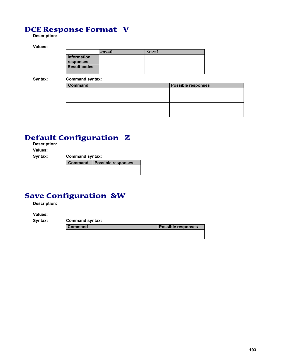 Dce response format v, Default configuration z, Save configuration &w | Multi-Tech Systems MMCModem GPRS (MTMMC-G) User Manual | Page 103 / 203
