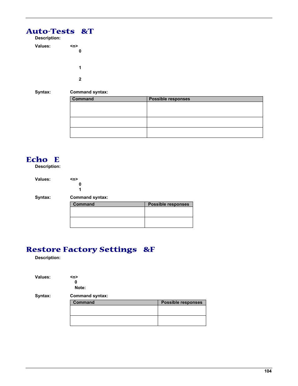 Auto-tests &t, Echo e, Restore factory settings &f | Multi-Tech Systems MMCModem GPRS (MTMMC-G) User Manual | Page 104 / 203