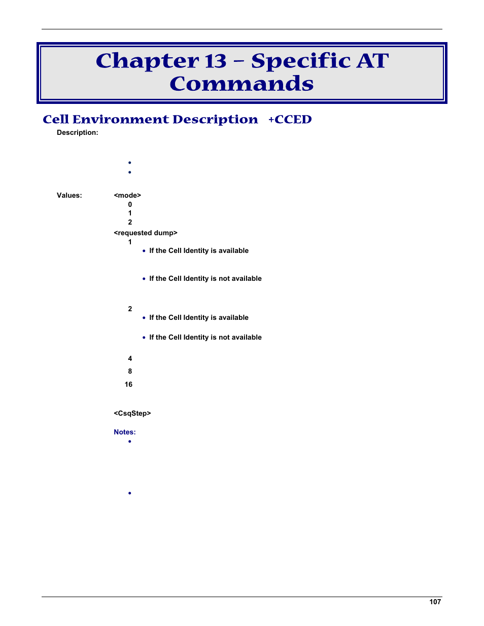 Chapter 13 – specific at commands, Cell environment description +cced | Multi-Tech Systems MMCModem GPRS (MTMMC-G) User Manual | Page 107 / 203