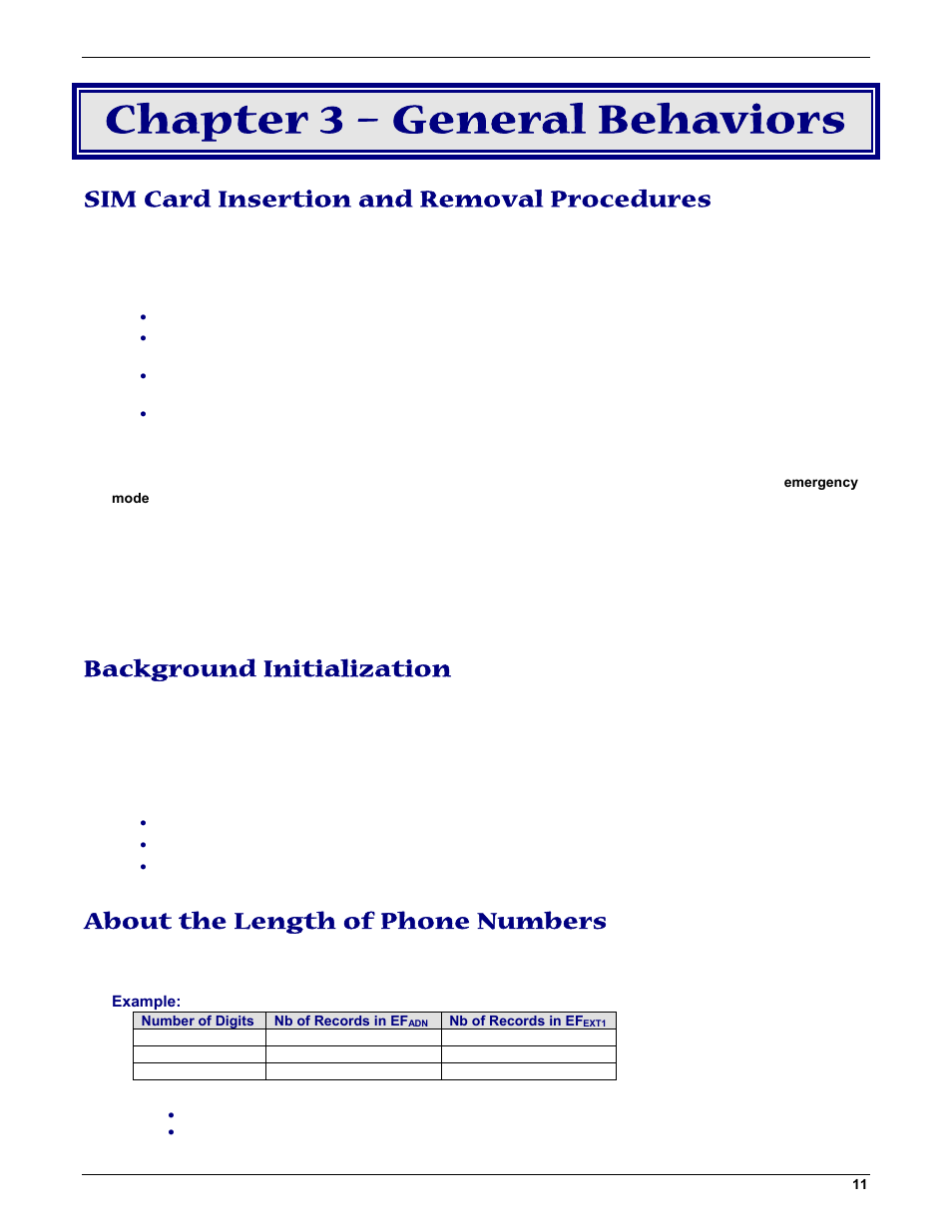 Chapter 3 – general behaviors, Sim card insertion and removal procedures, Background initialization | About the length of phone numbers | Multi-Tech Systems MMCModem GPRS (MTMMC-G) User Manual | Page 11 / 203