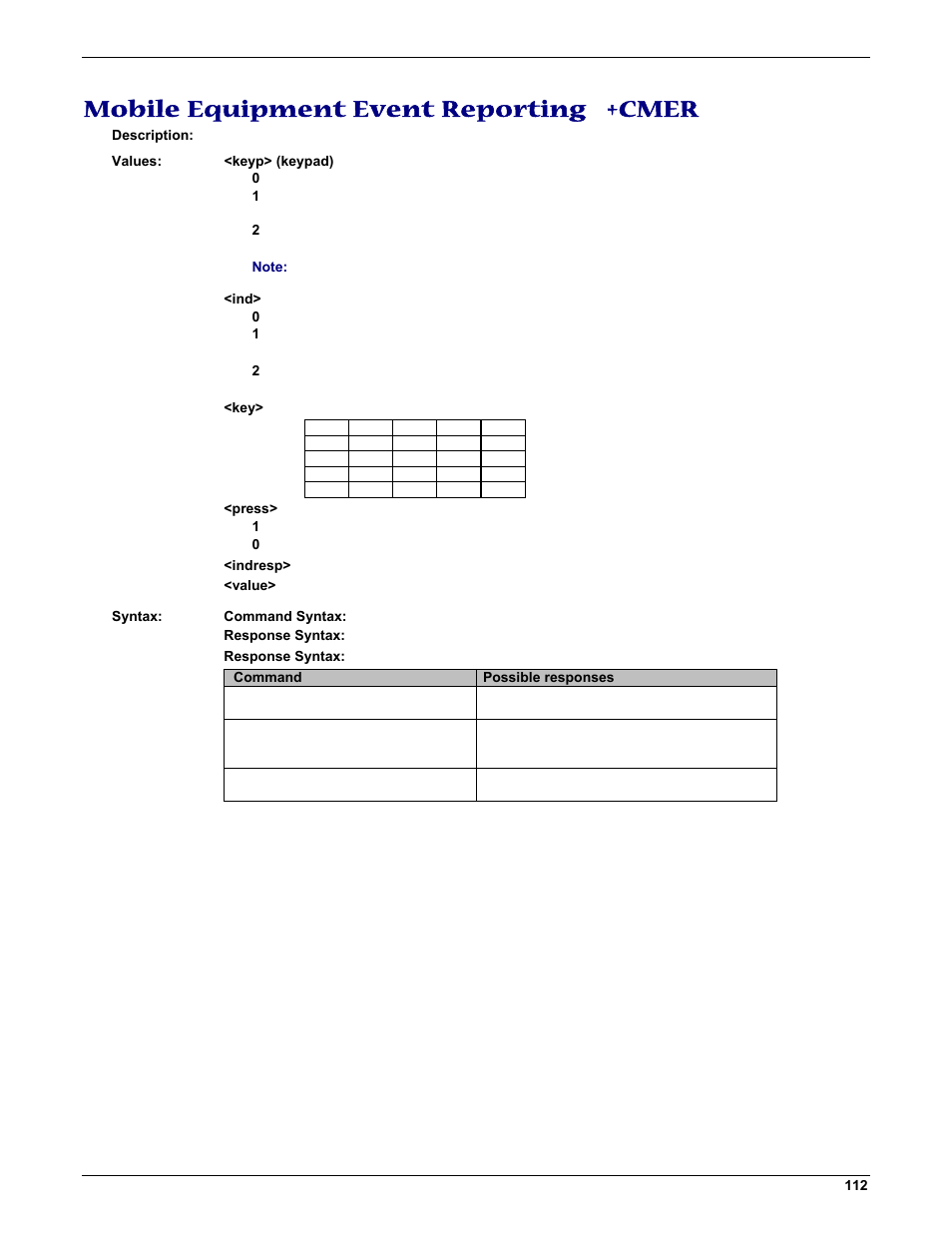Mobile equipment event reporting +cmer | Multi-Tech Systems MMCModem GPRS (MTMMC-G) User Manual | Page 112 / 203