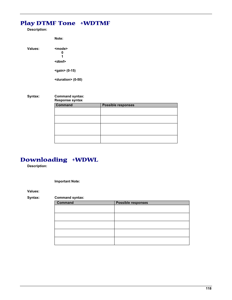 Play dtmf tone +wdtmf, Downloading +wdwl | Multi-Tech Systems MMCModem GPRS (MTMMC-G) User Manual | Page 118 / 203