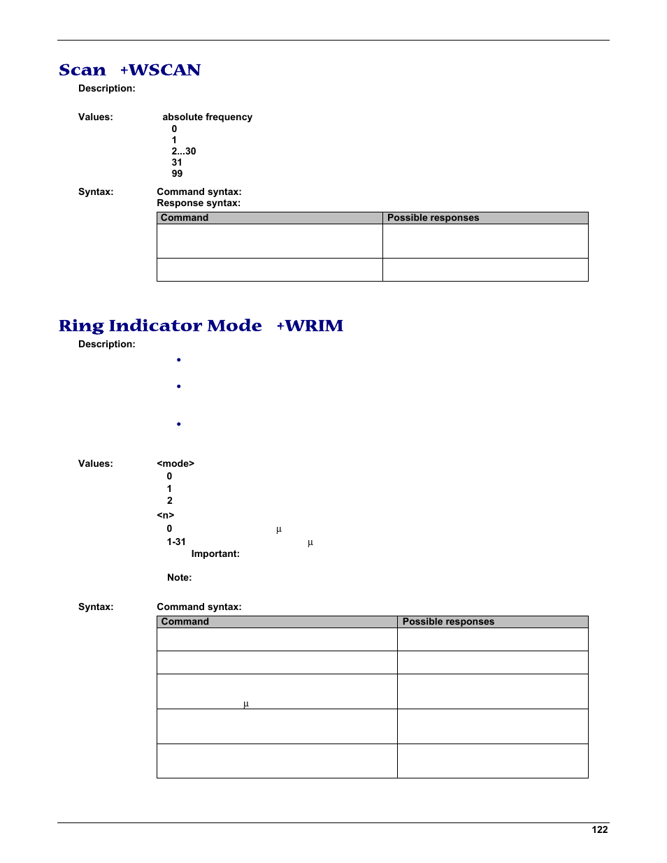 Scan +wscan, Ring indicator mode +wrim | Multi-Tech Systems MMCModem GPRS (MTMMC-G) User Manual | Page 122 / 203