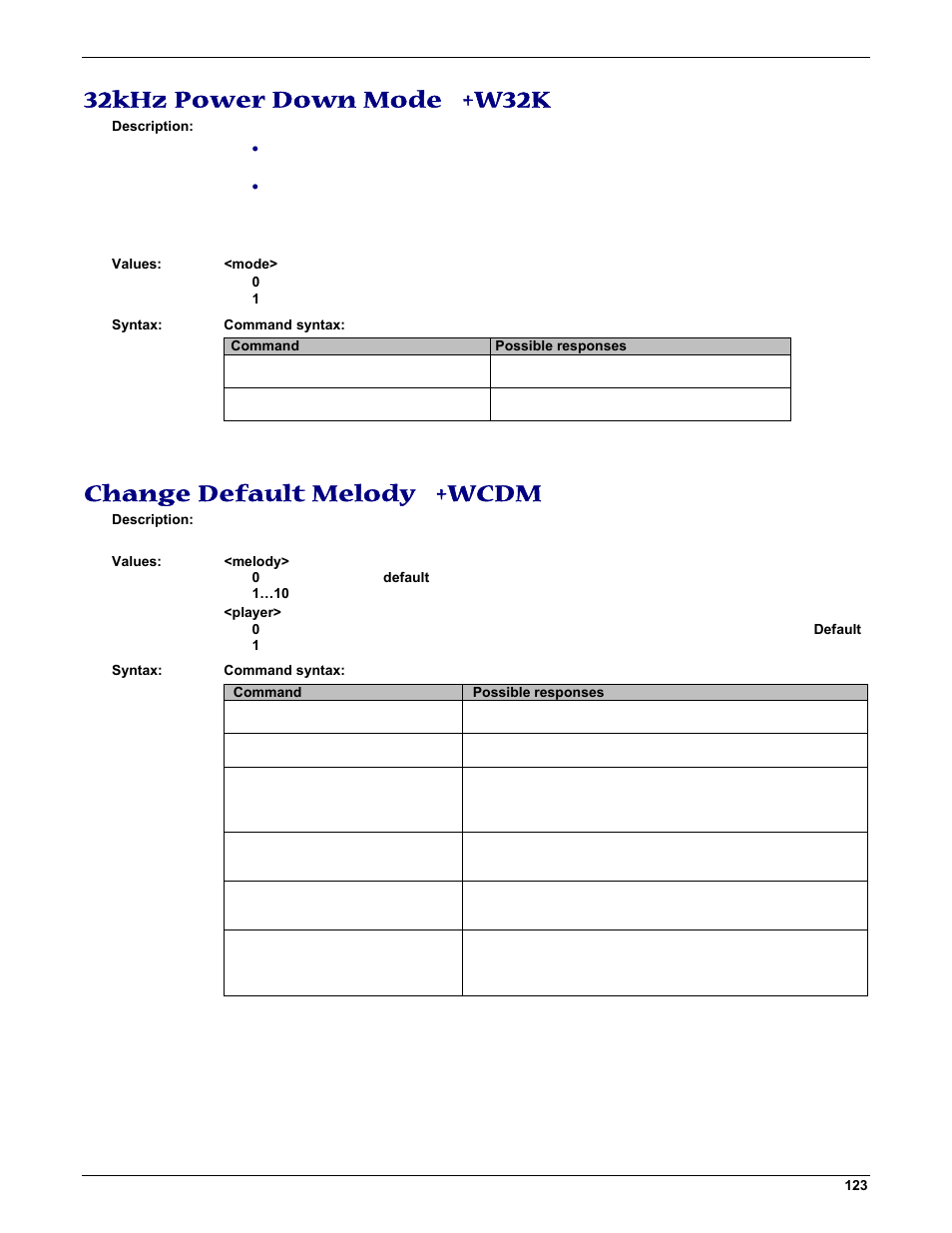 32khz power down mode +w32k, Change default melody +wcdm | Multi-Tech Systems MMCModem GPRS (MTMMC-G) User Manual | Page 123 / 203