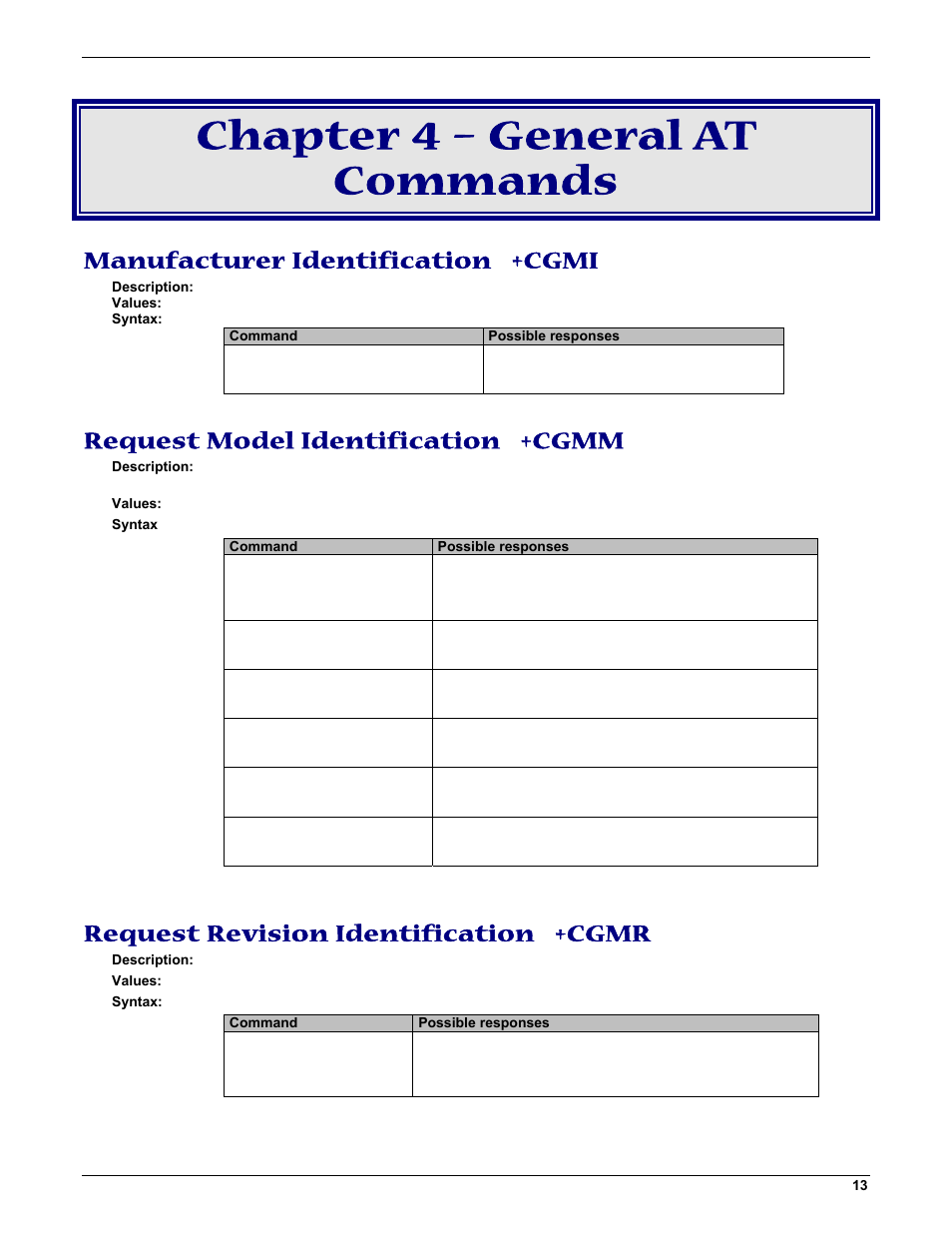Chapter 4 – general at commands, Manufacturer identification +cgmi, Request model identification +cgmm | Request revision identification +cgmr | Multi-Tech Systems MMCModem GPRS (MTMMC-G) User Manual | Page 13 / 203