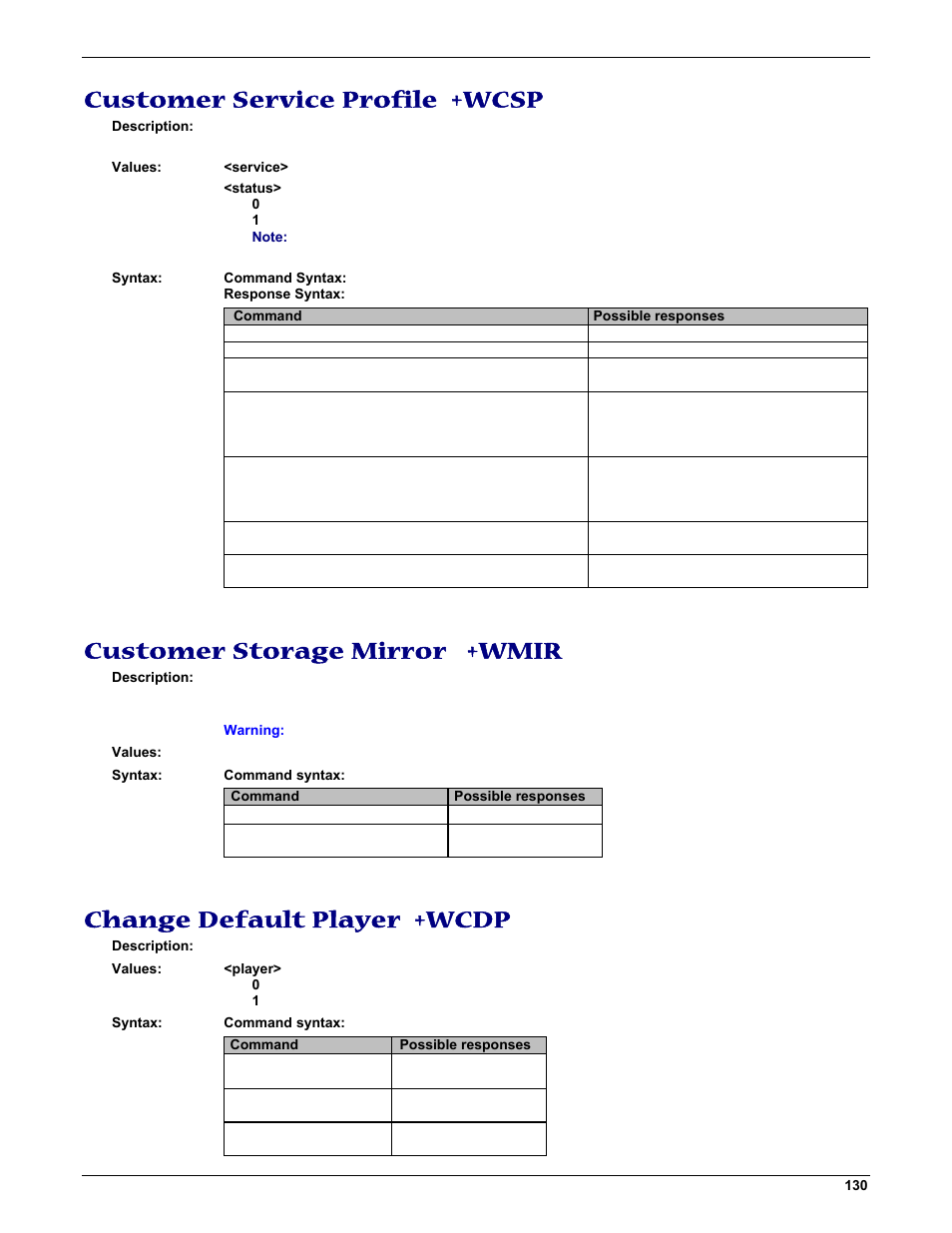 Customer service profile +wcsp, Customer storage mirror +wmir, Change default player +wcdp | Multi-Tech Systems MMCModem GPRS (MTMMC-G) User Manual | Page 130 / 203