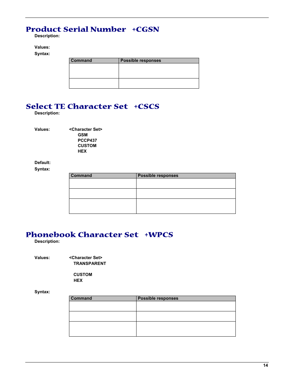Product serial number +cgsn, Select te character set +cscs, Phonebook character set +wpcs | Multi-Tech Systems MMCModem GPRS (MTMMC-G) User Manual | Page 14 / 203