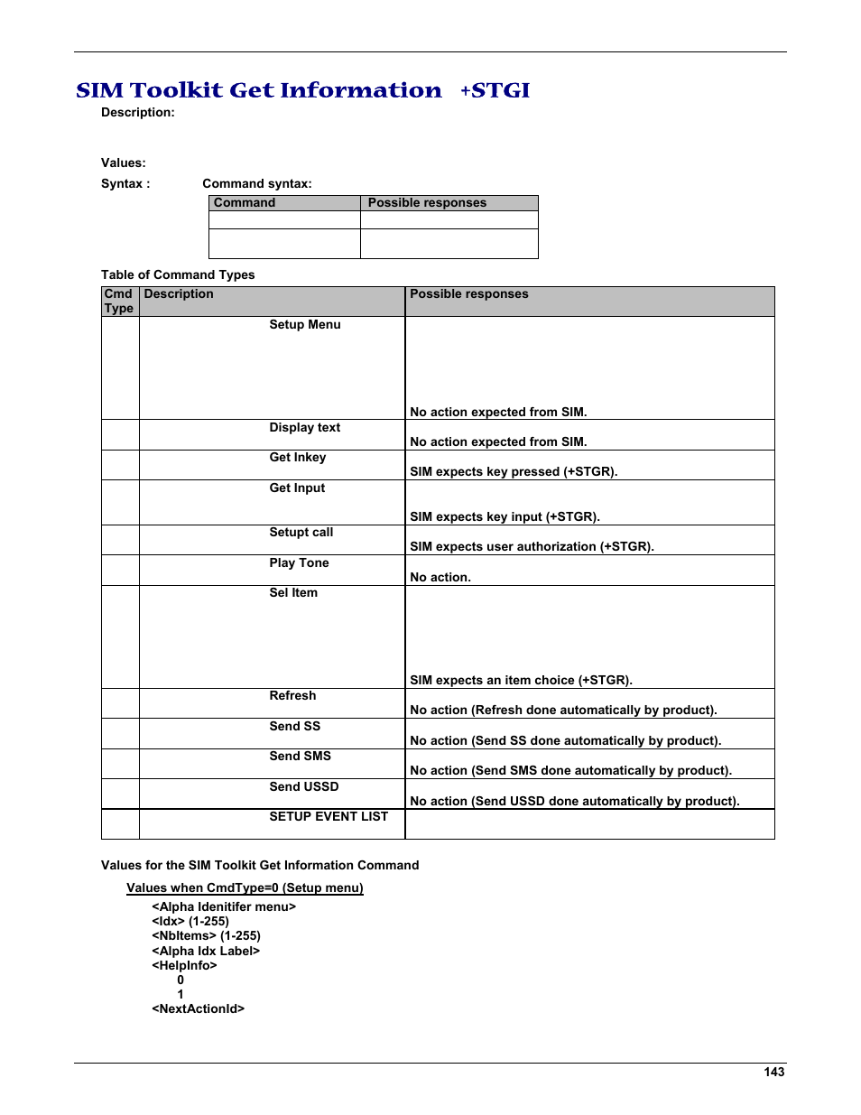 Sim toolkit get information +stgi | Multi-Tech Systems MMCModem GPRS (MTMMC-G) User Manual | Page 143 / 203