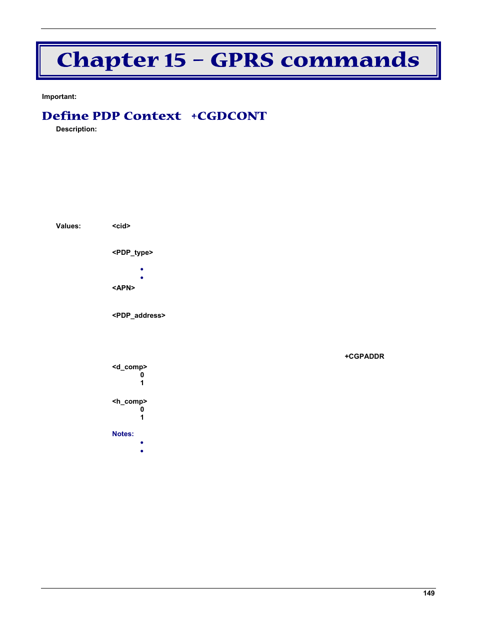 Chapter 15 – gprs commands, Define pdp context +cgdcont | Multi-Tech Systems MMCModem GPRS (MTMMC-G) User Manual | Page 149 / 203