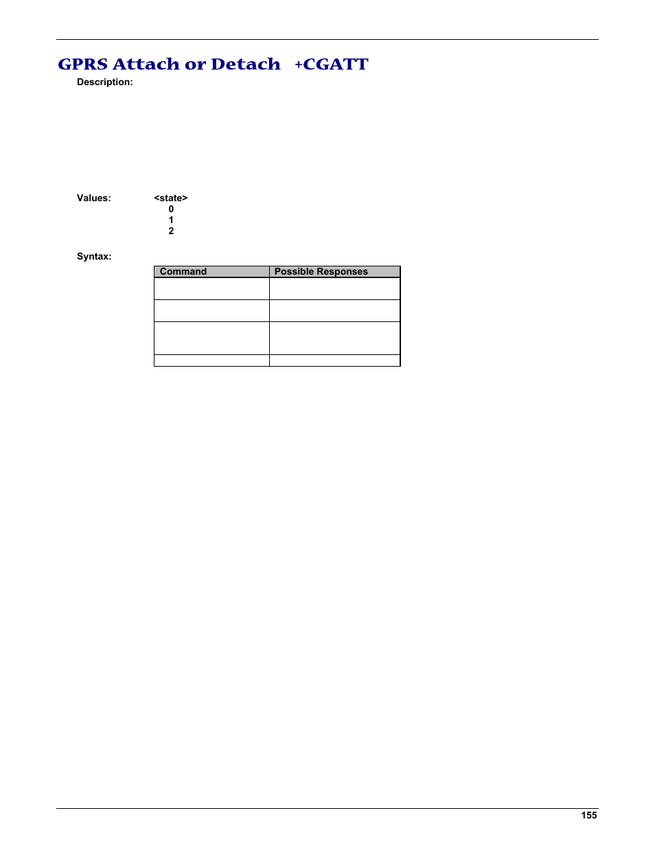 Gprs attach or detach +cgatt | Multi-Tech Systems MMCModem GPRS (MTMMC-G) User Manual | Page 155 / 203