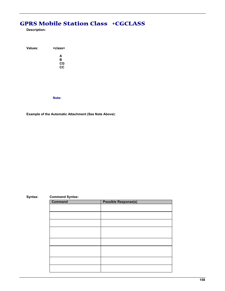 Gprs mobile station class +cgclass | Multi-Tech Systems MMCModem GPRS (MTMMC-G) User Manual | Page 158 / 203