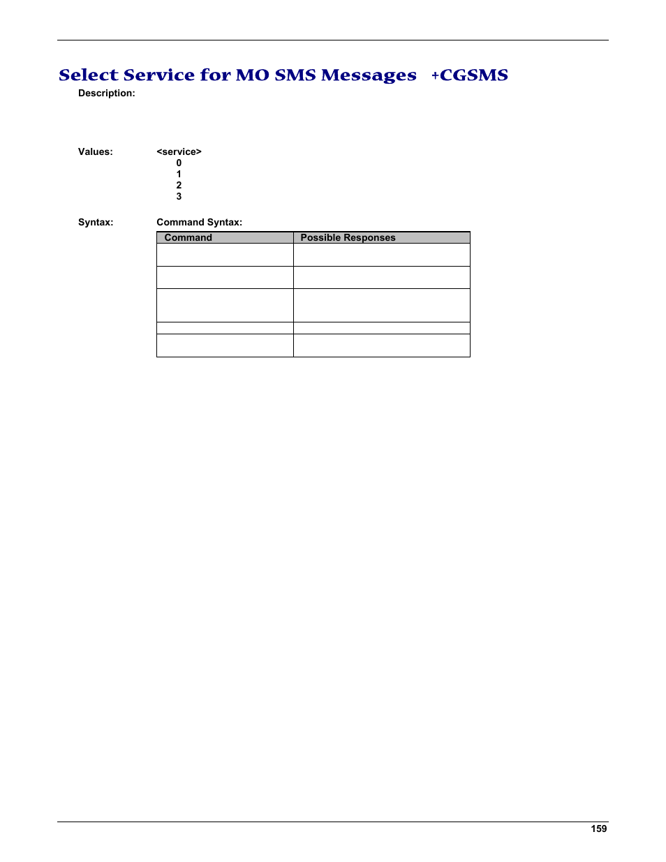 Select service for mo sms messages +cgsms | Multi-Tech Systems MMCModem GPRS (MTMMC-G) User Manual | Page 159 / 203