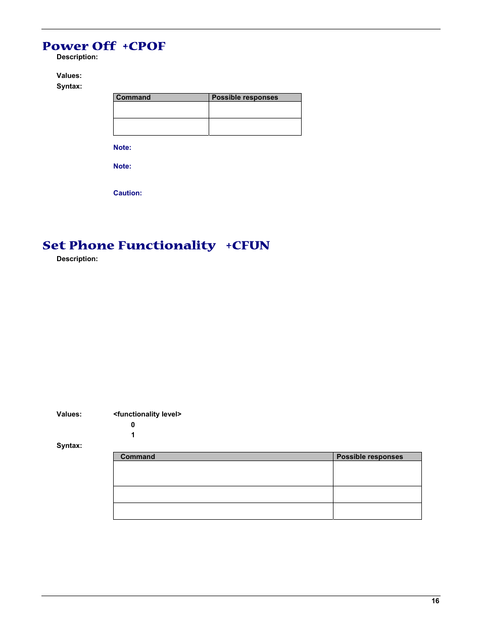 Power off +cpof, Set phone functionality +cfun | Multi-Tech Systems MMCModem GPRS (MTMMC-G) User Manual | Page 16 / 203