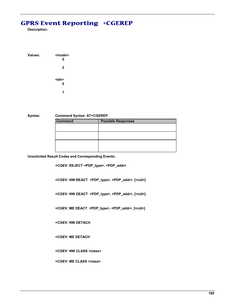 Gprs event reporting +cgerep | Multi-Tech Systems MMCModem GPRS (MTMMC-G) User Manual | Page 160 / 203