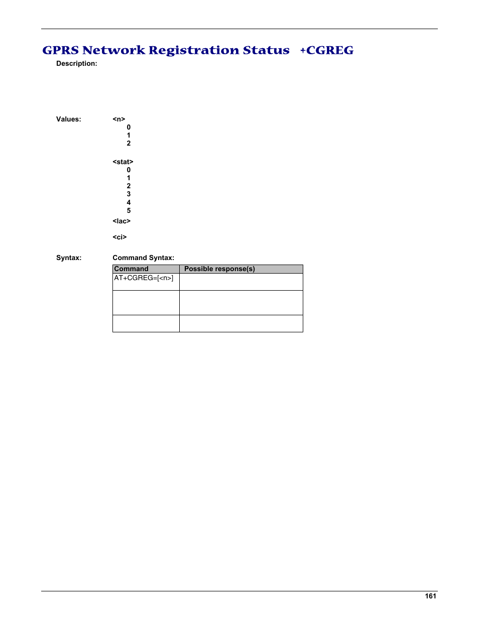 Gprs network registration status +cgreg | Multi-Tech Systems MMCModem GPRS (MTMMC-G) User Manual | Page 161 / 203