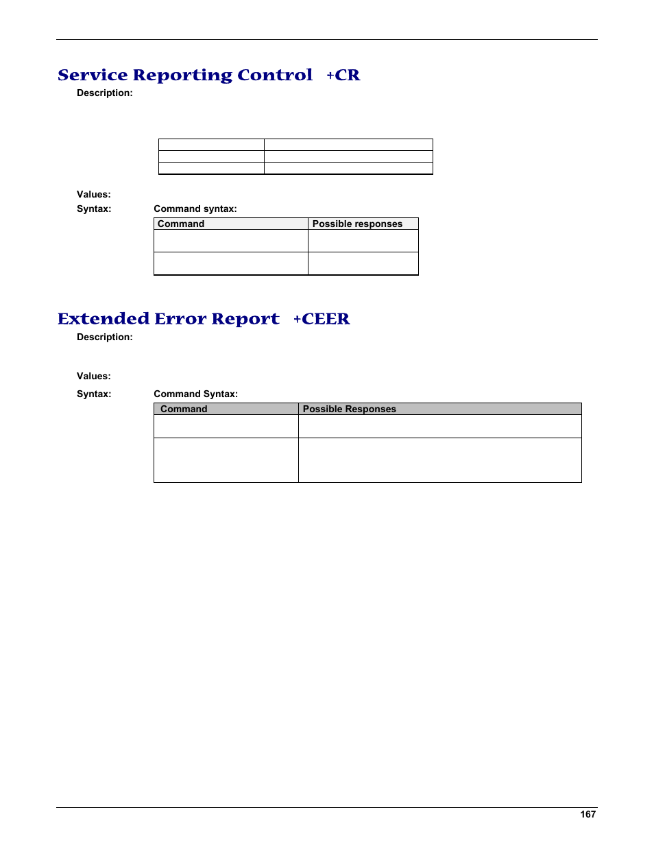 Service reporting control +cr, Extended error report +ceer | Multi-Tech Systems MMCModem GPRS (MTMMC-G) User Manual | Page 167 / 203