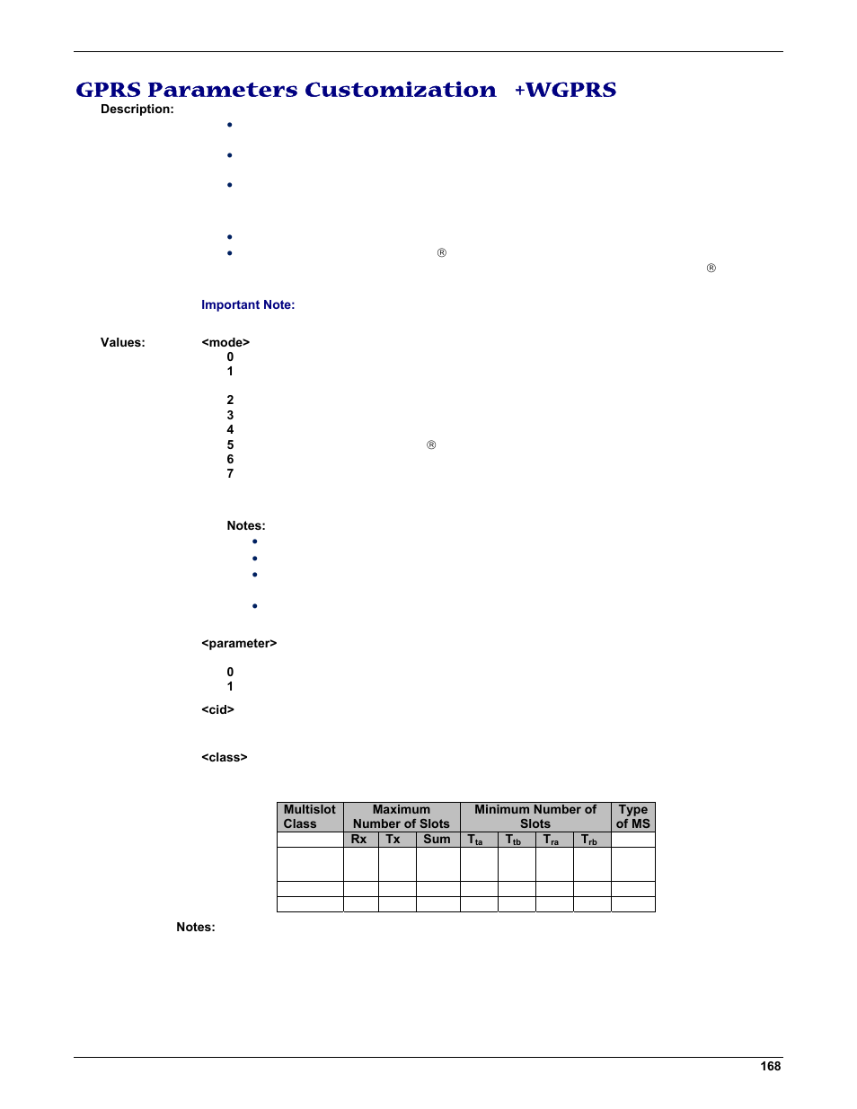 Gprs parameters customization +wgprs | Multi-Tech Systems MMCModem GPRS (MTMMC-G) User Manual | Page 168 / 203