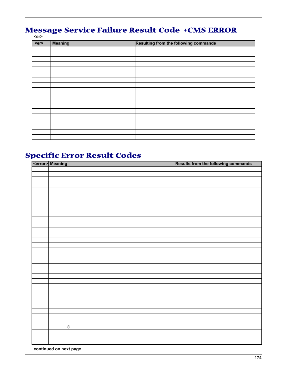 Message service failure result code +cms error, Specific error result codes | Multi-Tech Systems MMCModem GPRS (MTMMC-G) User Manual | Page 174 / 203