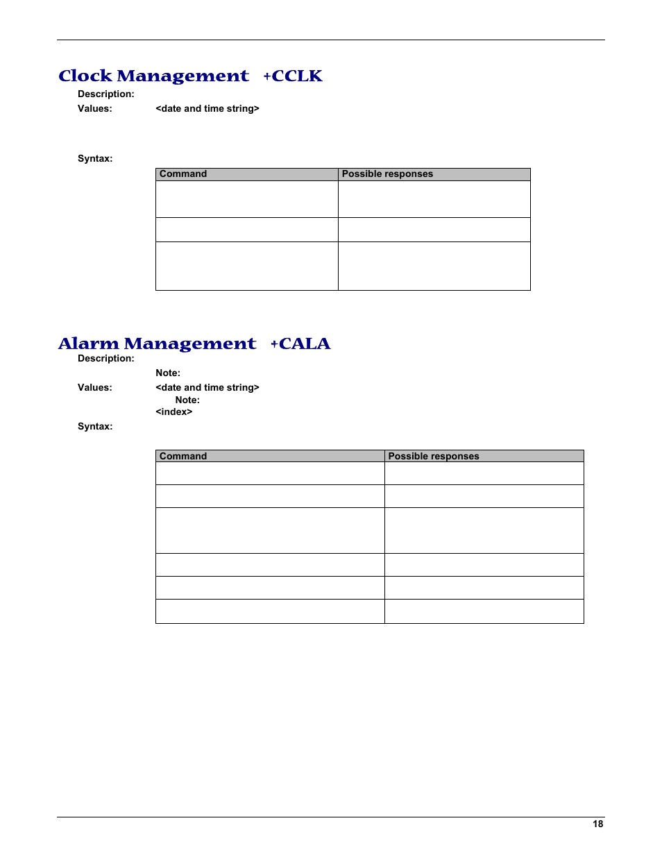 Clock management +cclk, Alarm management +cala | Multi-Tech Systems MMCModem GPRS (MTMMC-G) User Manual | Page 18 / 203