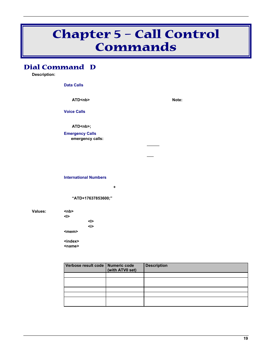 Chapter 5 – call control commands, Dial command d | Multi-Tech Systems MMCModem GPRS (MTMMC-G) User Manual | Page 19 / 203