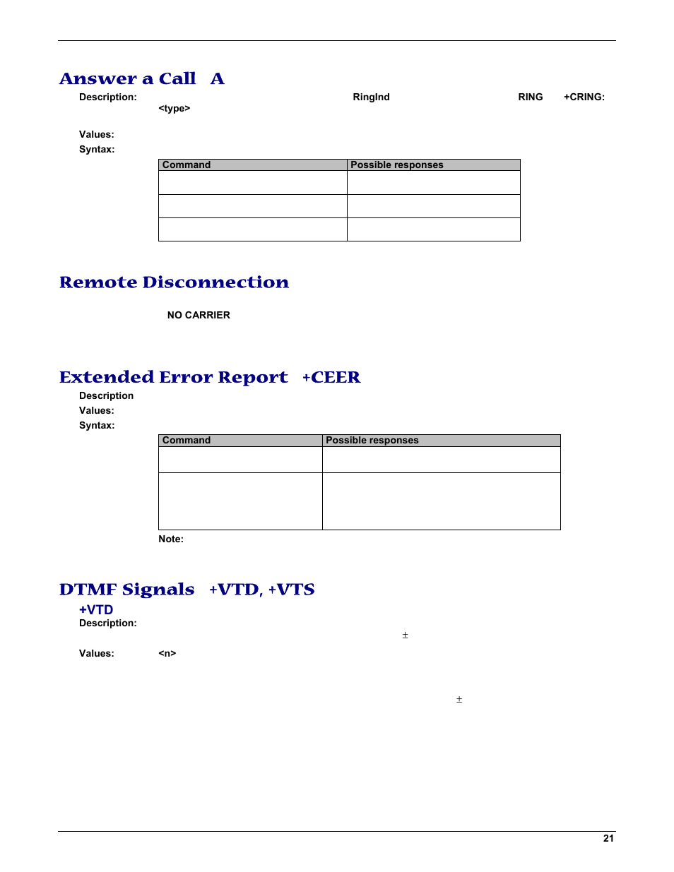 Answer a call a, Remote disconnection, Extended error report +ceer | Dtmf signals +vtd, +vts | Multi-Tech Systems MMCModem GPRS (MTMMC-G) User Manual | Page 21 / 203