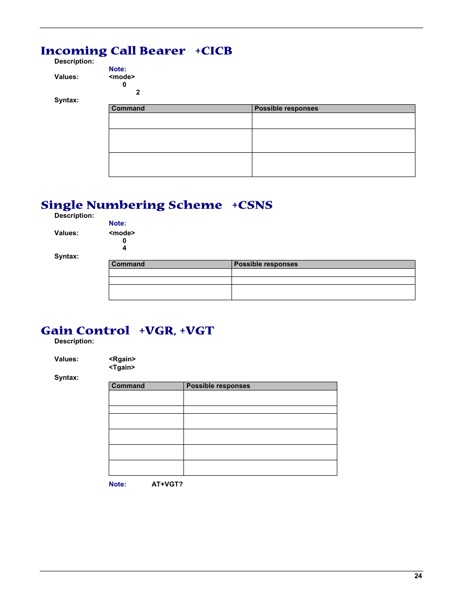Incoming call bearer +cicb, Single numbering scheme +csns, Gain control +vgr, +vgt | Multi-Tech Systems MMCModem GPRS (MTMMC-G) User Manual | Page 24 / 203
