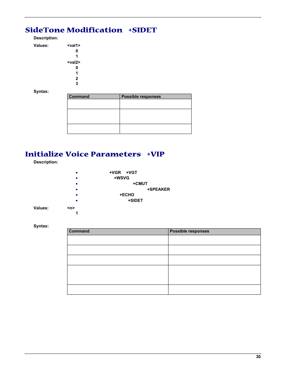 Sidetone modification +sidet, Initialize voice parameters +vip | Multi-Tech Systems MMCModem GPRS (MTMMC-G) User Manual | Page 30 / 203