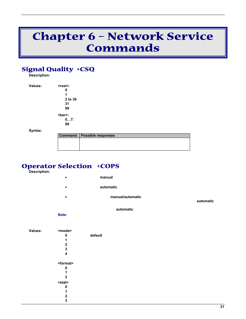 Chapter 6 – network service commands, Signal quality +csq, Operator selection +cops | Multi-Tech Systems MMCModem GPRS (MTMMC-G) User Manual | Page 31 / 203