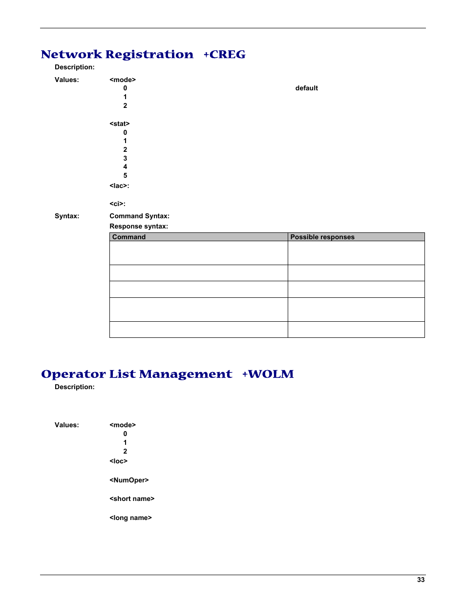 Network registration +creg, Operator list management +wolm | Multi-Tech Systems MMCModem GPRS (MTMMC-G) User Manual | Page 33 / 203